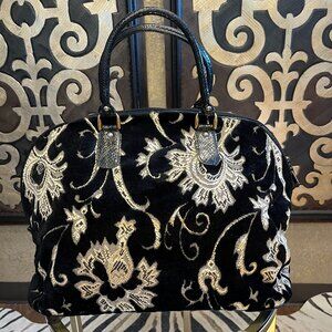Tapestry black taupe gold zip closure vinyl covered handles handbag